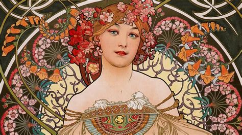 Alphonse Mucha Illustration Art Nouveau Traditional Art Floral Women Face Bare Shoulders Artwork ...