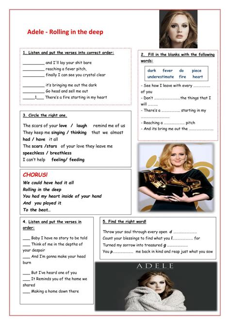 Song activity: Adele -Rolling in the deep - Interactive worksheet Deep English, English Units ...