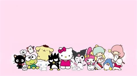 a group of hello kitty cartoon characters lined up against a pink background with the word hello ...