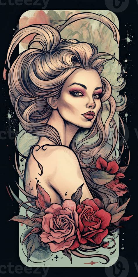 tattoo design woman girl flowers retro style illustration clipart ...