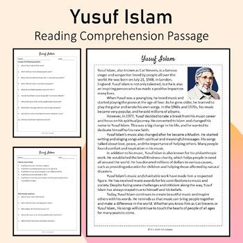 Yusuf Islam Biography Reading Comprehension Printable by Silly Sloth Worksheets