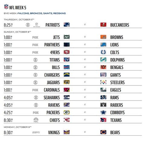 Nfl Week 5 Printable Schedule - Printable Templates