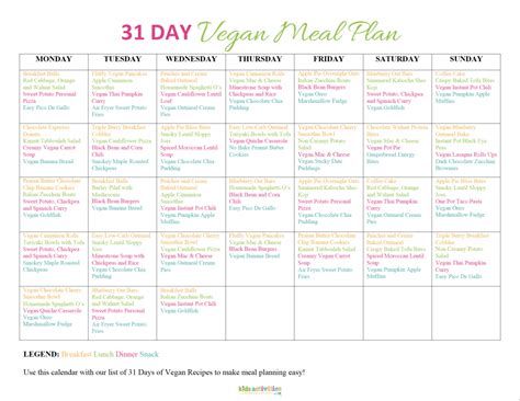 Free Printable Vegan Meal Plan Calendar Kids Activities Blog