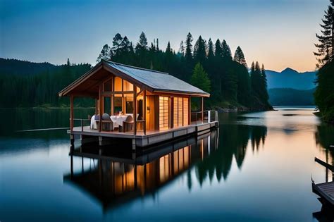 Premium Photo | A cabin with a view of a lake and a mountain view.