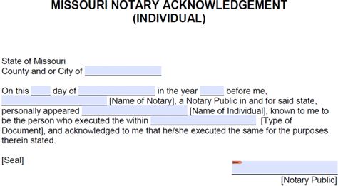 Free Missouri Notary Acknowledgement - Individual - PDF - Word