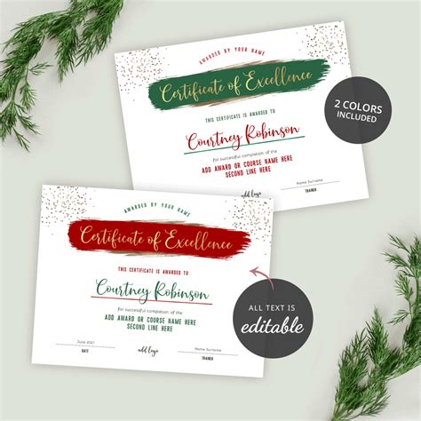 Christmas Award Certificate Template - DIY Certificate of Excellence