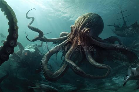 Octopus Kraken Battling Otherworldly Monster in the Depths of the Ocean ...