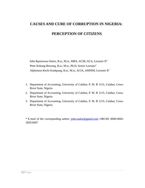 (PDF) CAUSES AND CURE OF CORRUPTION IN NIGERIA: PERCEPTION OF CITIZENS