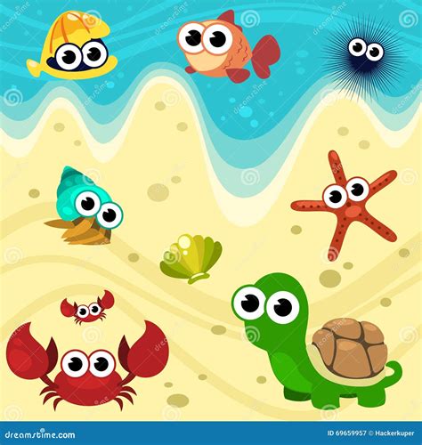 Vector Cartoon Beach Animals Stock Vector - Illustration of turtle, bubble: 69659957