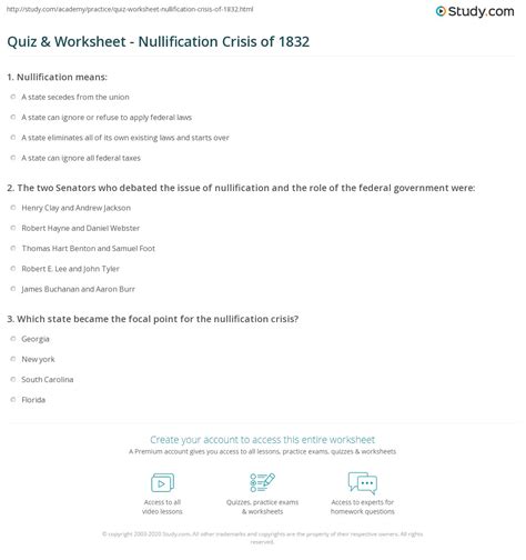 Quiz & Worksheet - Nullification Crisis of 1832 | Study.com