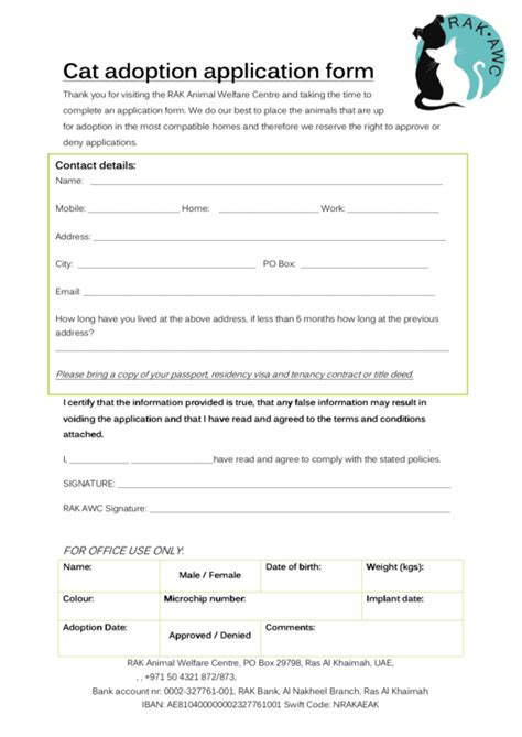 Cat Adoption Application Form printable pdf download