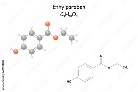 Stylized molecule model/structural formula of ethylparaben. Use as ...