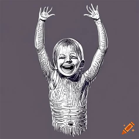 Black and white sketch of a joyful kid