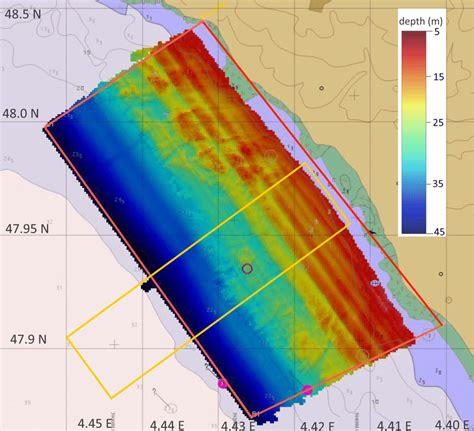 Map showing the detailed bathymetric survey of the project area (red ...