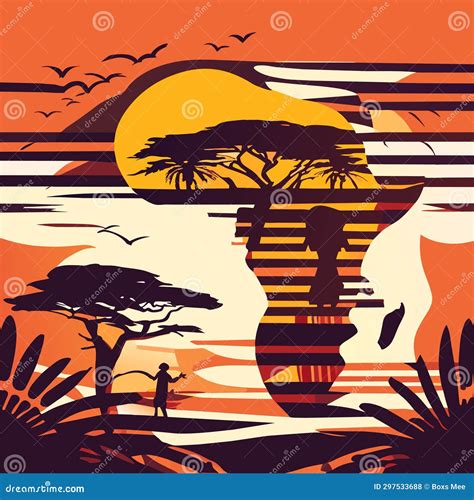 African Landscape. Silhouette of African Woman and Sunset Stock Vector ...