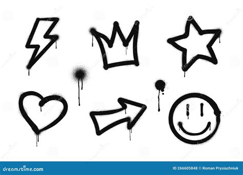 Graffiti Drawing Symbols Set. Painted Graffiti Spray Pattern of Lightning, Arrow, Crown, Star ...