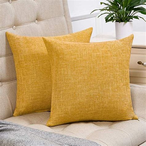 Anickal Set of 2 Mustard Yellow Pillow Covers Cotton Linen Decorative Square Throw Pillow Covers ...