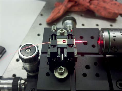 Microscope objective used to focus a HeNe laser into a single mode optical fiber Microscope ...