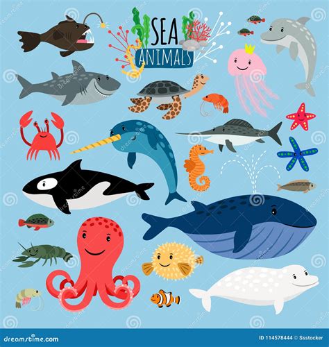 Sea Animals. Vector Underwater Animal Creatures and Fish in Sea ...