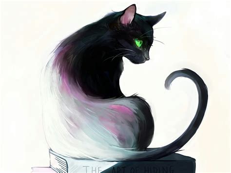 Wallpaper Art painting, black cat, look back, green eyes, book ...