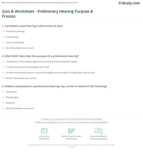 Quiz & Worksheet - Preliminary Hearing Purpose & Process | Study.com