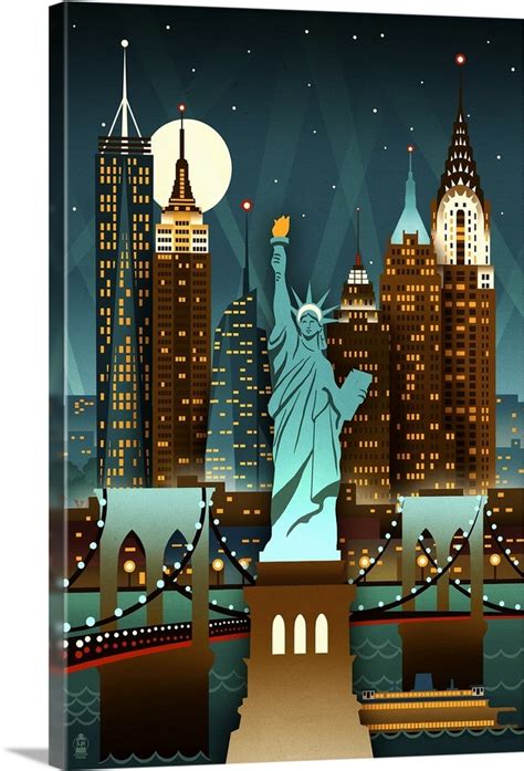 New York City, New York, Retro Skyline Wall Art, Canvas Prints, Framed Prints, Wall Peels ...