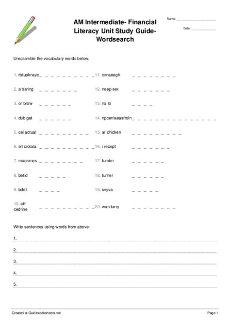 AM Intermediate- Financial Literacy Unit Study Guide- Wordsearch - Word Scramble - Quickworksheets