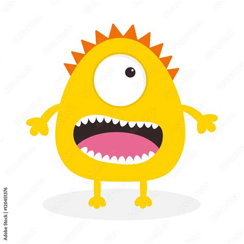 Yellow monster with one eye, teeth, tongue. Funny Cute cartoon ...