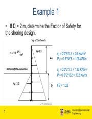 Lecture 2 - Shoring Examples Solutions .pdf - Example 1 • If D = 2 m ...