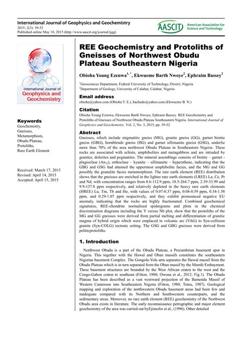 (PDF) REE geochemistry and protoliths of gneisses of Northwest Obudu Plateau, Southwestern Nigeria.