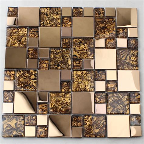 Gold Glass Mosaic Tile Backsplash Stainless Steel Metal & Crystal Tile