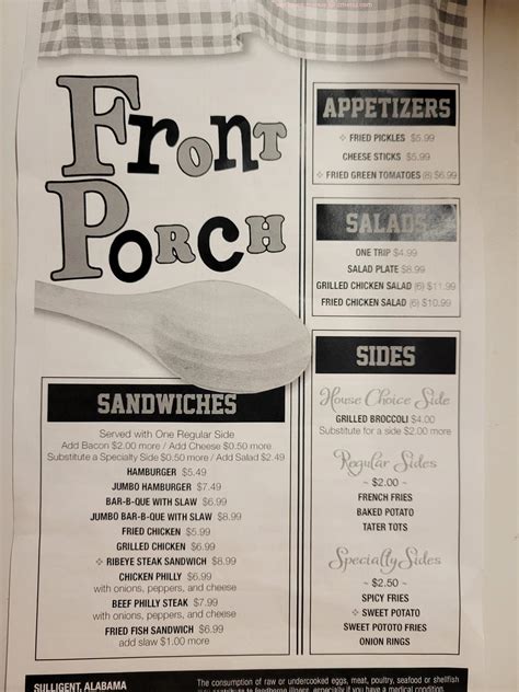 Menu at Front Porch restaurant, Sulligent