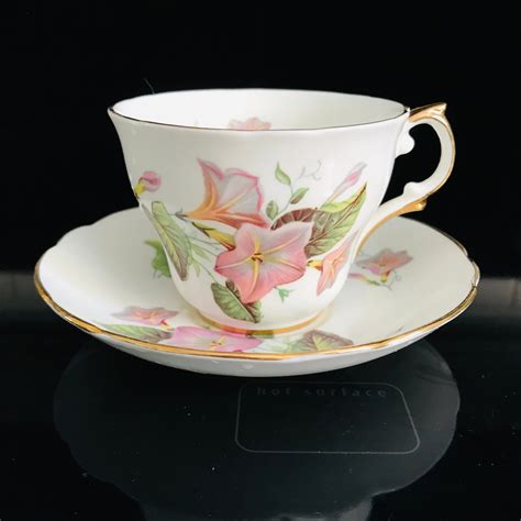 Regency Tea cup and saucer England Fine bone china Convolvulus light pink lavender flowers ...