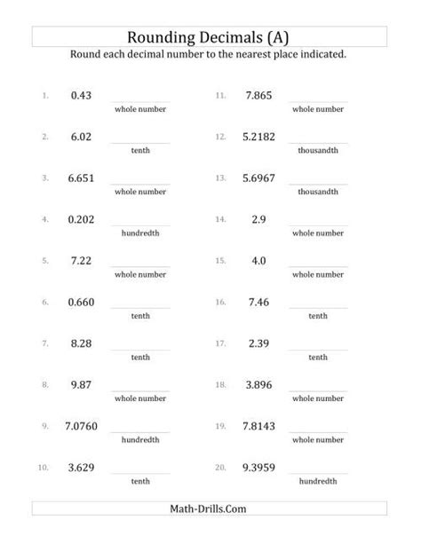 Rounding Various Decimals to Various Decimal Places (A)