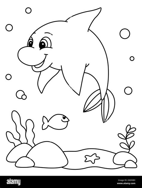 Cute Dolphin Coloring Page. Ocean Animals Coloring Book For Kids. Under The Sea Vector ...