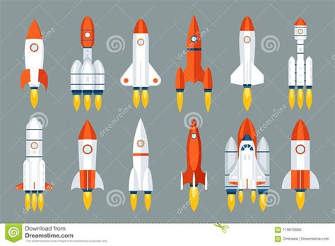 Space Rocket Start Up Launch Symbol Innovation Development Technology Flat Design Icons Set ...