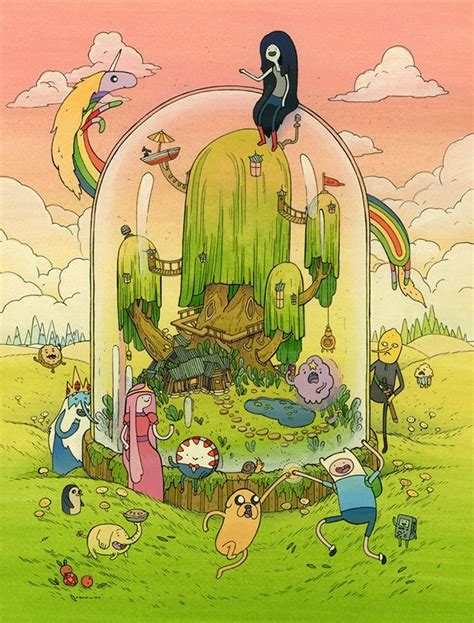 an image of cartoon characters in front of a glass dome with trees and rainbows on it