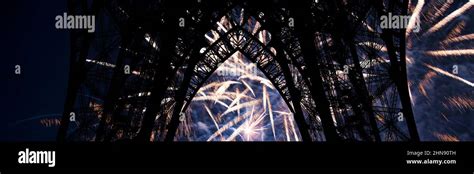 Celebratory colorful fireworks over the Eiffel Tower in Paris, France ...