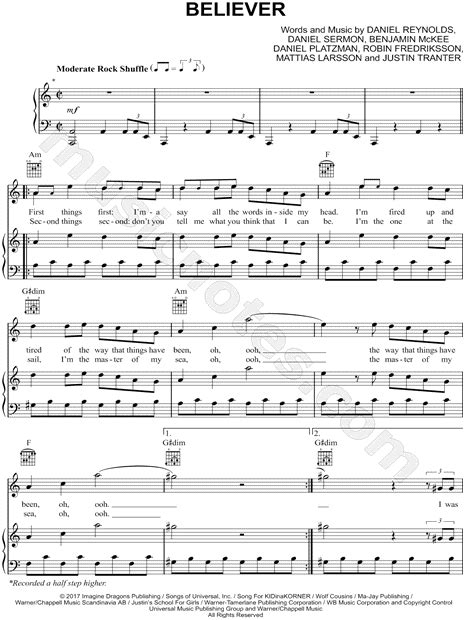 Imagine Dragons "Believer" Sheet Music in A Minor (transposable) - Download & Print - SKU: MN0171558