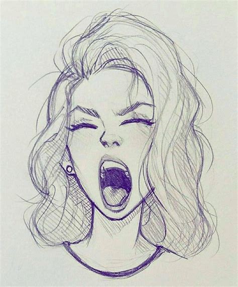 how to draw a face step by step, drawing of a girl screaming, short wavy hair, black and white ...