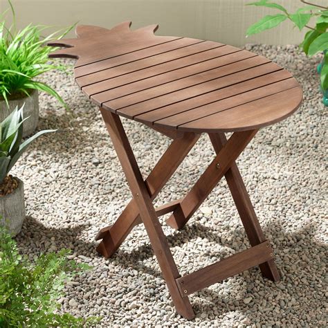 Teal Island Designs Modern Acacia Wood Outdoor Folding Table 19" x 27" Natural Oil Pineapple for ...