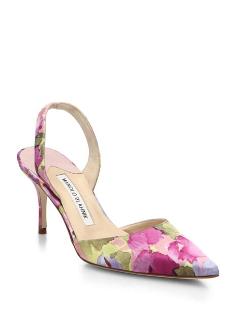 Manolo blahnik Floral-Print Satin Slingback Pumps in Purple | Lyst