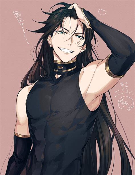 an anime character with long black hair wearing a black shirt and gold ...