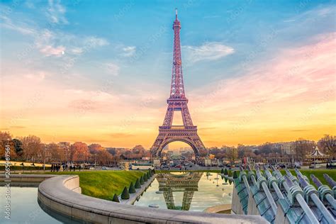 Eiffel Tower at sunset in Paris, France. Romantic travel background ...