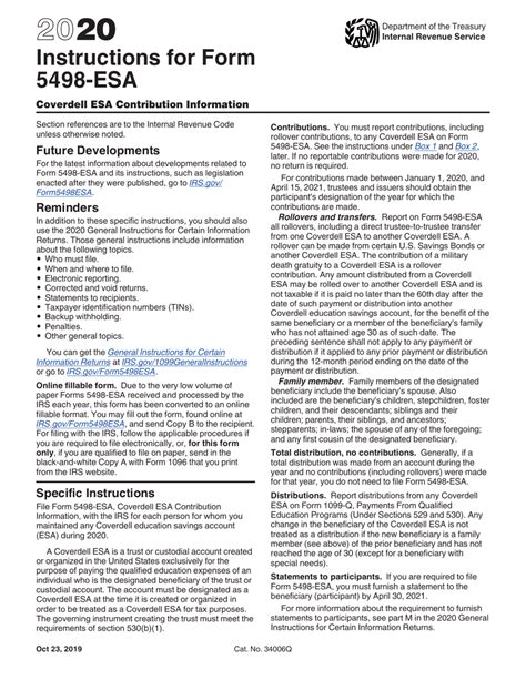 Download Instructions for IRS Form 5498-ESA Coverdell Esa Contribution Information PDF, 2020 ...