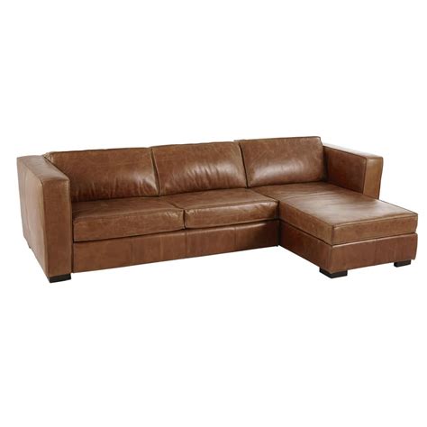 Brown 4-Seater Leather Right-Hand Corner Sofa Bed | Maisons du Monde