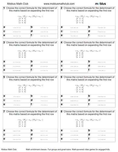 Free Printable Math Worksheet: Matrices - Find Determinant Formula (3X3) (level 1) - Mobius Math ...