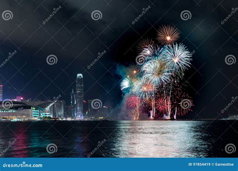 Fireworks at Hong Kong editorial stock image. Image of night - 97854419