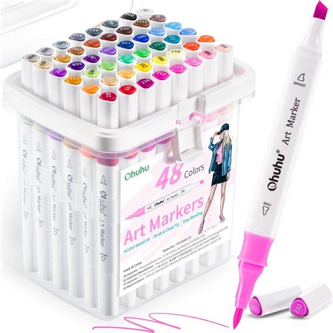 Brush Alcohol Markers, Ohuhu 48 Colouring Pens Double Tipped Alcohol Based Markers for Kids ...