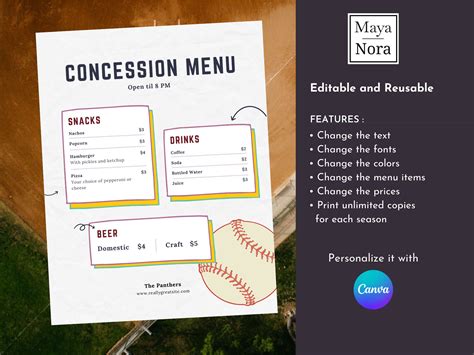 Editable Concession Stand Menu Baseball Instant Download Canva Template Volunteer Baseball ...